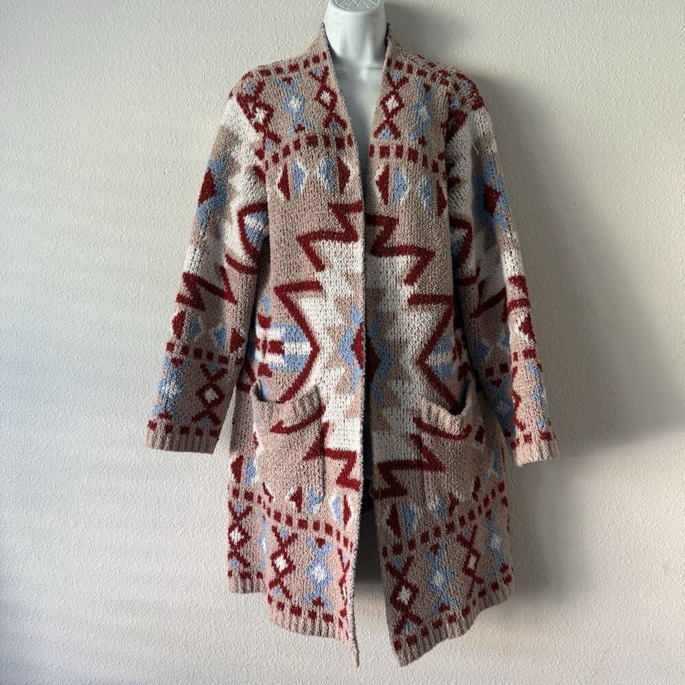 Savanna Jane Cardigan Sweater Womens Plus 1X Beige Aztec Open Front Long